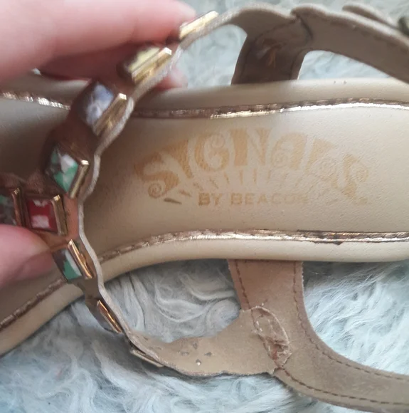 60s Vintage Mod Multi Colored JEWEL Studded Gold Lame Block Heel Sandals Size 7 - Picture 13 of 16